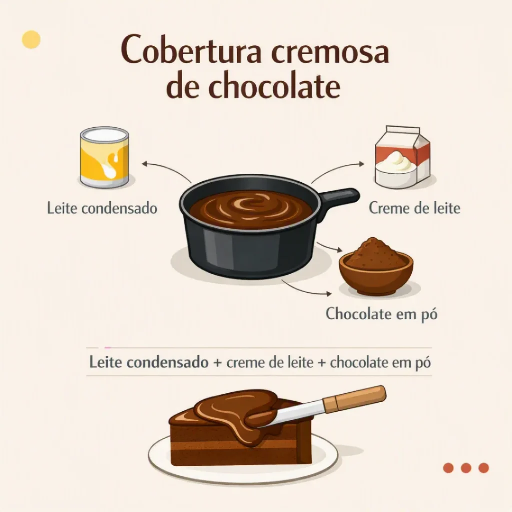 Cobertura cremosa de chocolate preparada com leite condensado e creme de leite
