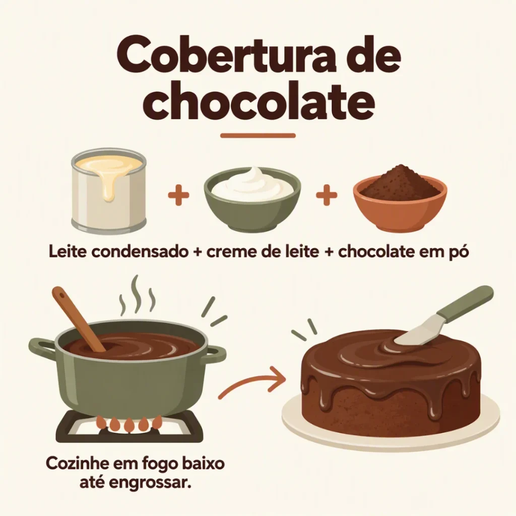 Preparo da cobertura de chocolate com leite condensado e creme de leite