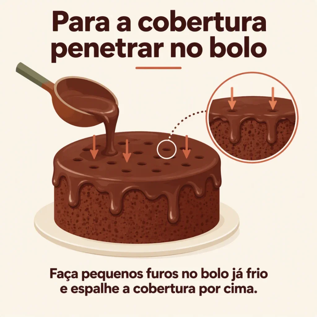 Cobertura de chocolate penetrando nos furos feitos no bolo já frio