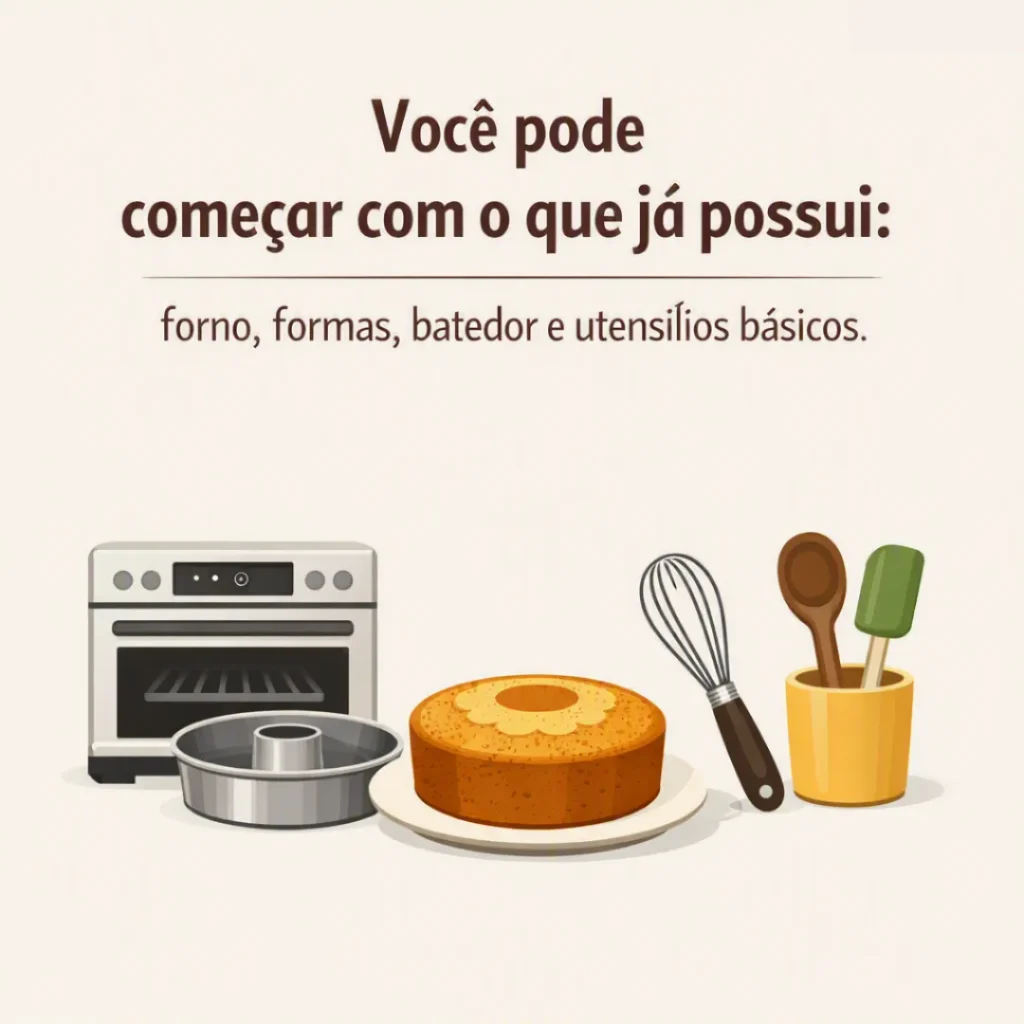 Ilustração de forno, formas, batedor, utensílios e bolo mostrando como começar com o que já possui