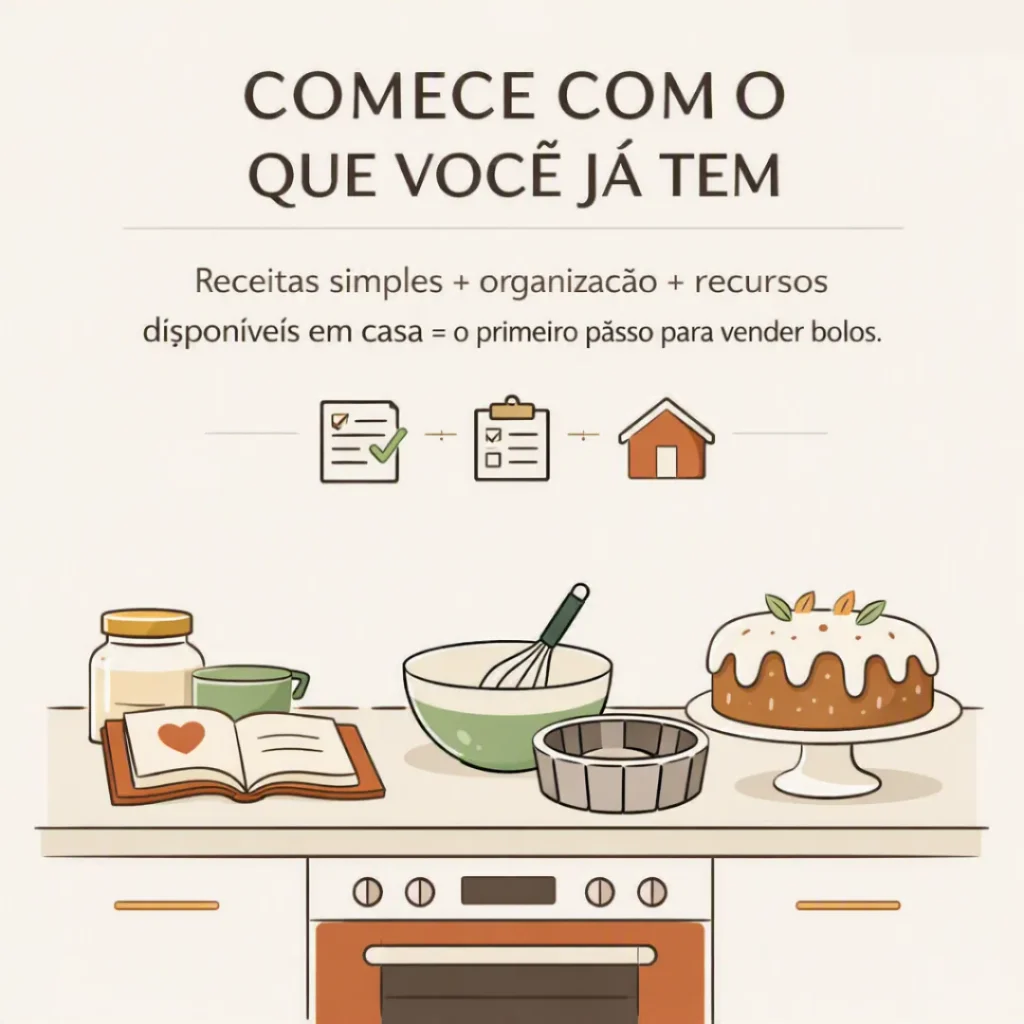 Utensílios de cozinha, ingredientes e bolo representando o início da produção com recursos já disponíveis em casa