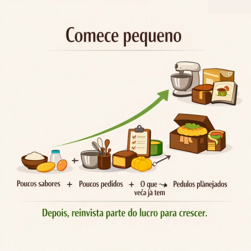 Começar pequeno a vender bolos em casa com poucos pedidos e equipamentos disponíveis