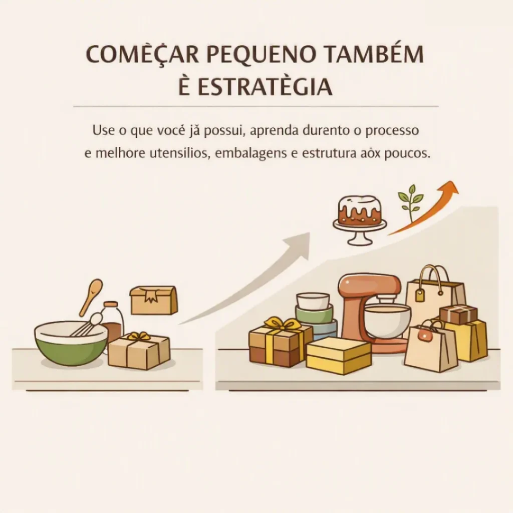 Ingredientes, utensílios e embalagens representando o início de uma pequena produção de bolos caseiros