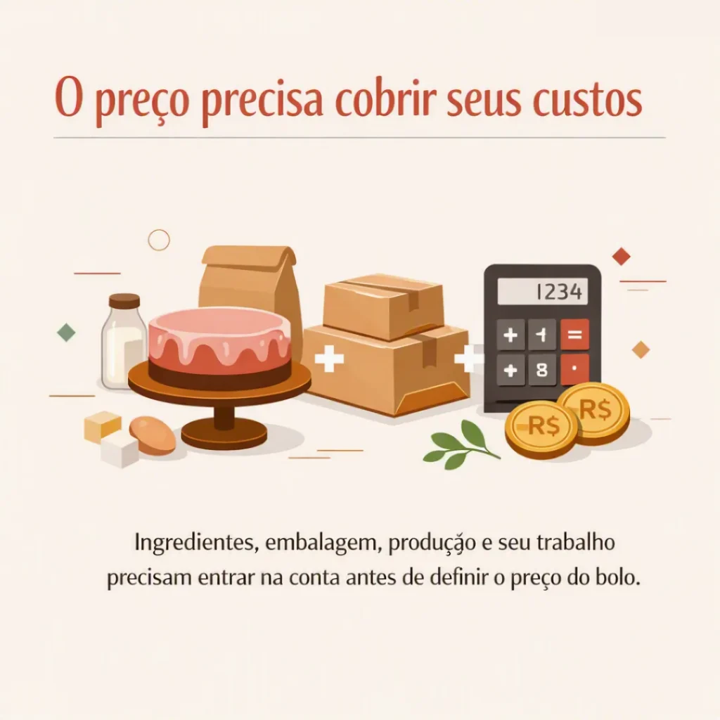 Custos de ingredientes, embalagem e produção para definir o preço do bolo