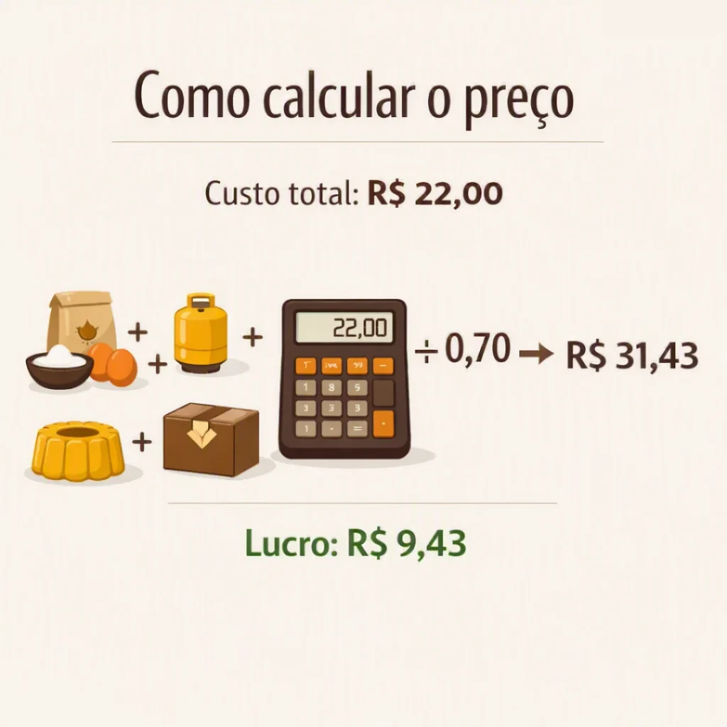 Exemplo de cálculo do preço de venda de um bolo com custos e lucro