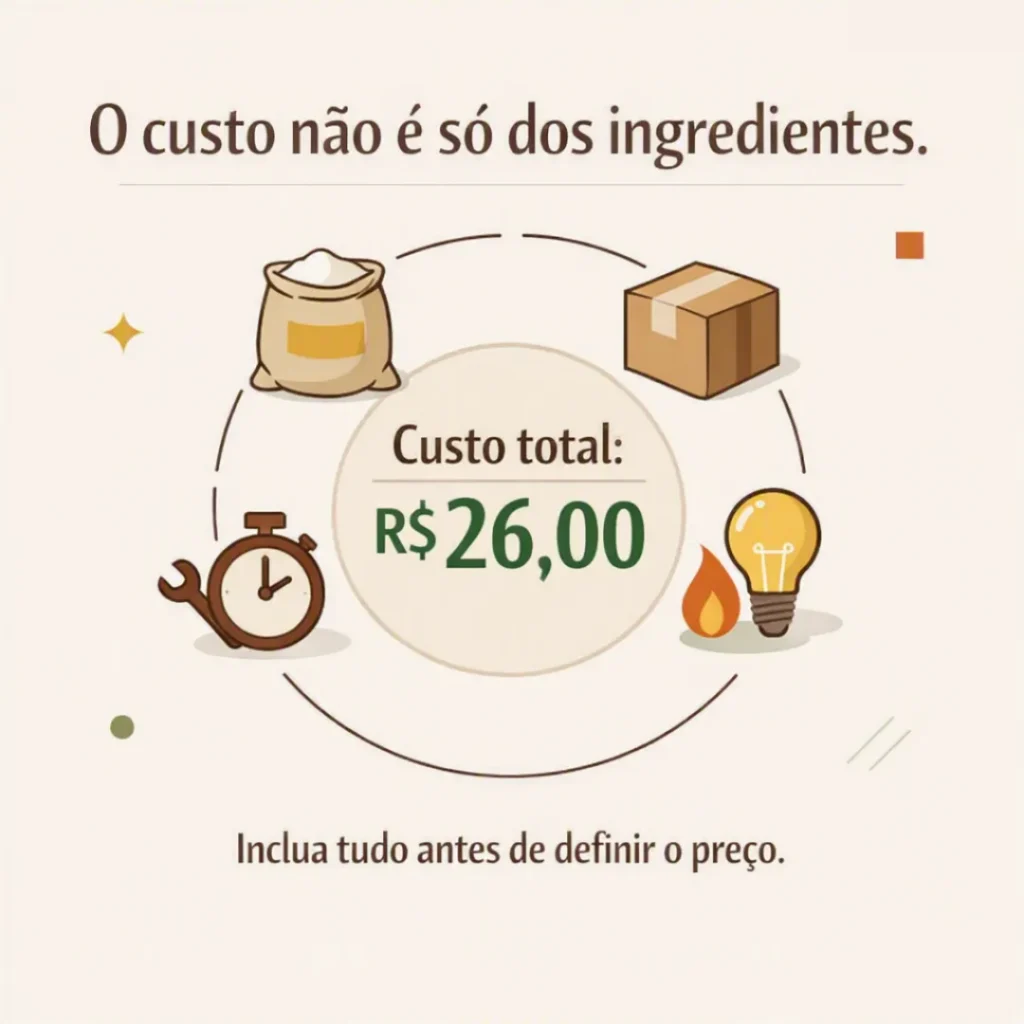 Custos de produção de um bolo incluindo ingredientes, embalagem, gás, energia e trabalho