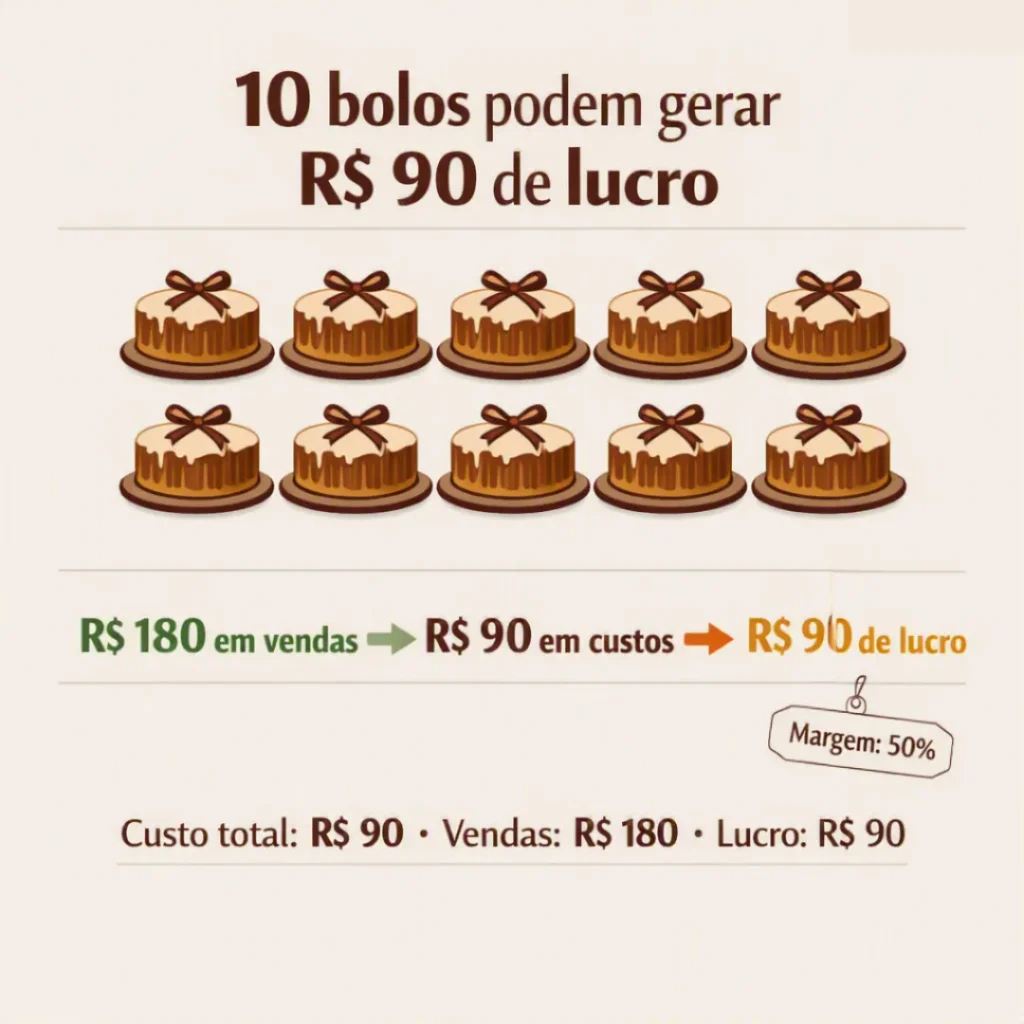 Exemplo de 10 bolos vendidos por R$ 18 com R$ 90 de lucro