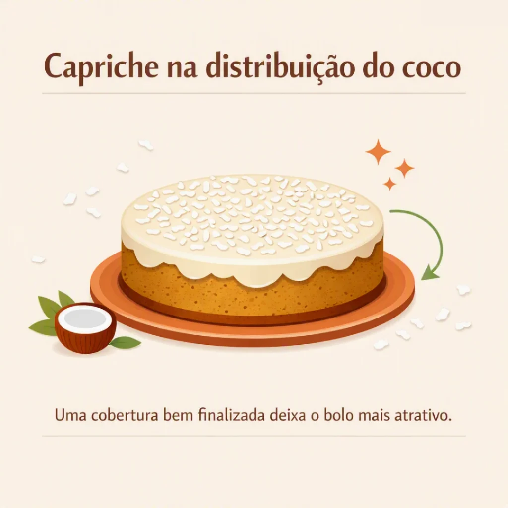 Bolo caseiro de coco com coco ralado distribuído sobre a cobertura
