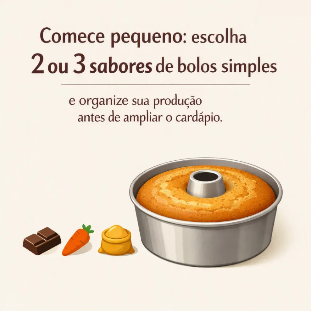 Ilustração de bolo simples com ingredientes representando o início da produção com 2 ou 3 sabores