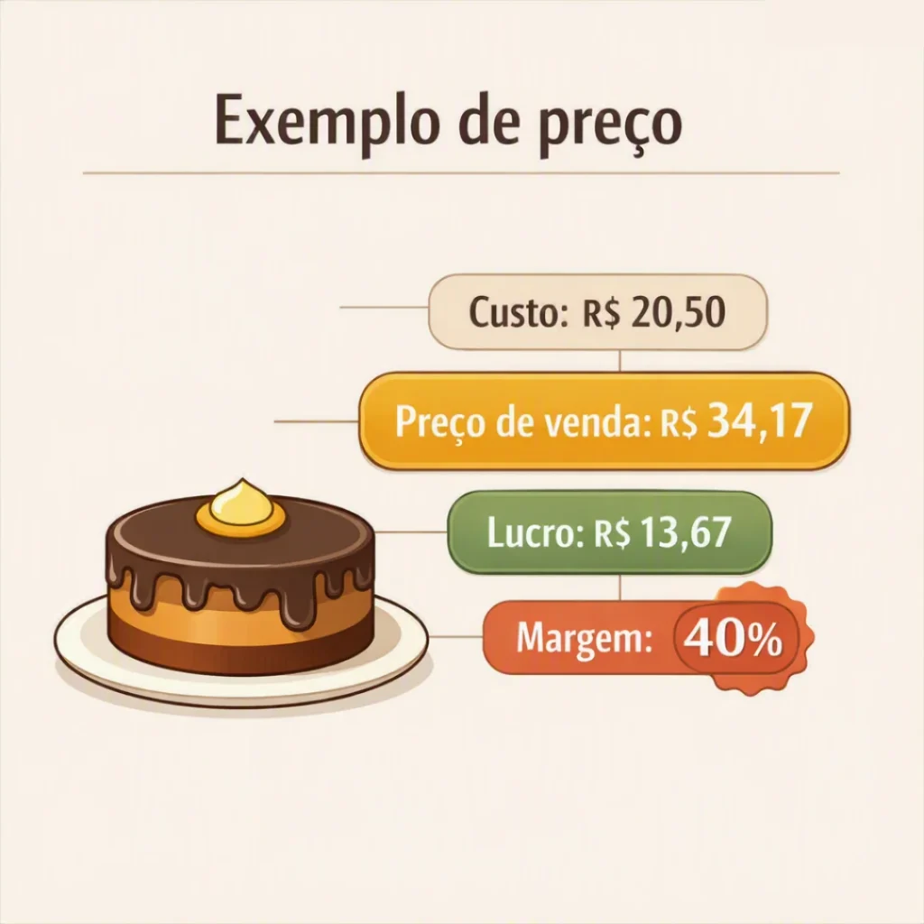 Exemplo de precificação de bolo de chocolate de aproximadamente 1 kg com custo, preço de venda e lucro