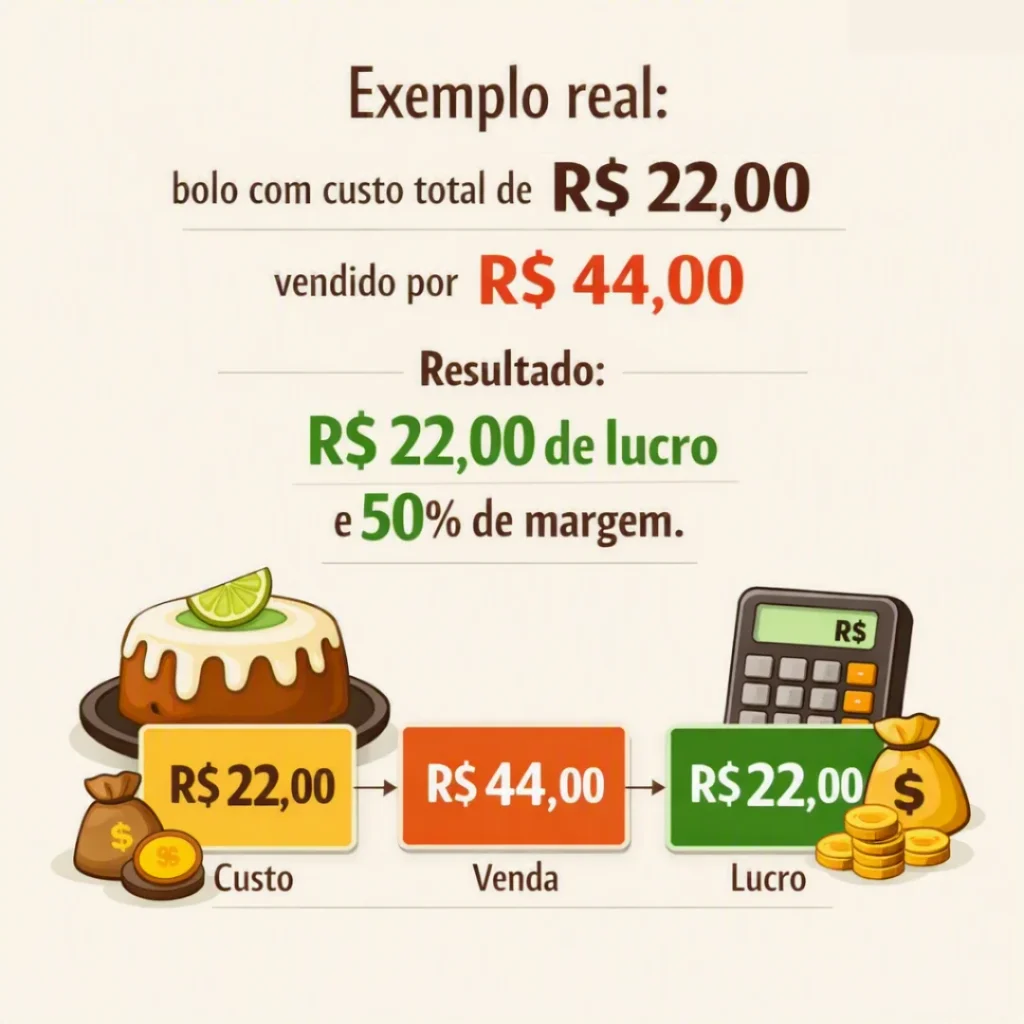 Exemplo de precificação de bolo simples com cobertura de limão, com custo de R$ 22,00 e venda por R$ 44,00