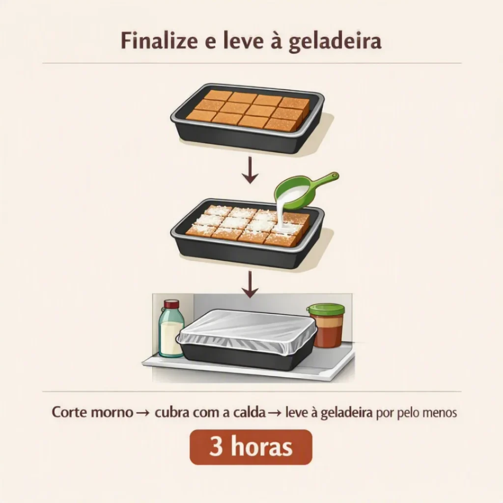 Finalização do bolo com calda de coco e coco ralado antes de levar à geladeira
