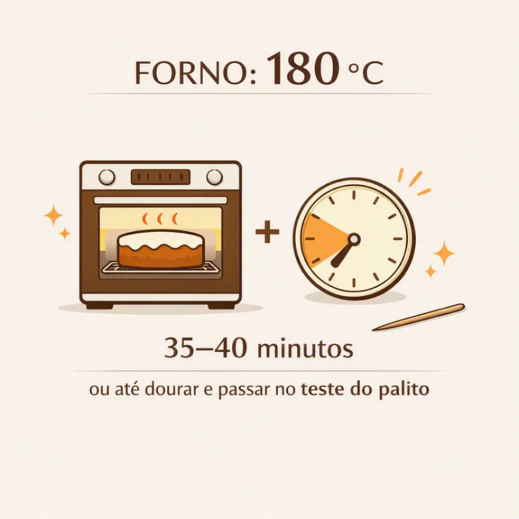 Bolo de coco assando no forno a 180 °C por 35 a 40 minutos
