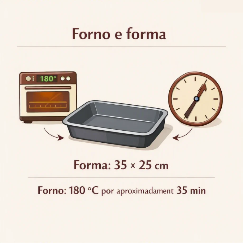 Bolo sendo preparado em forma retangular de 35 cm x 25 cm e assado a 180 °C
