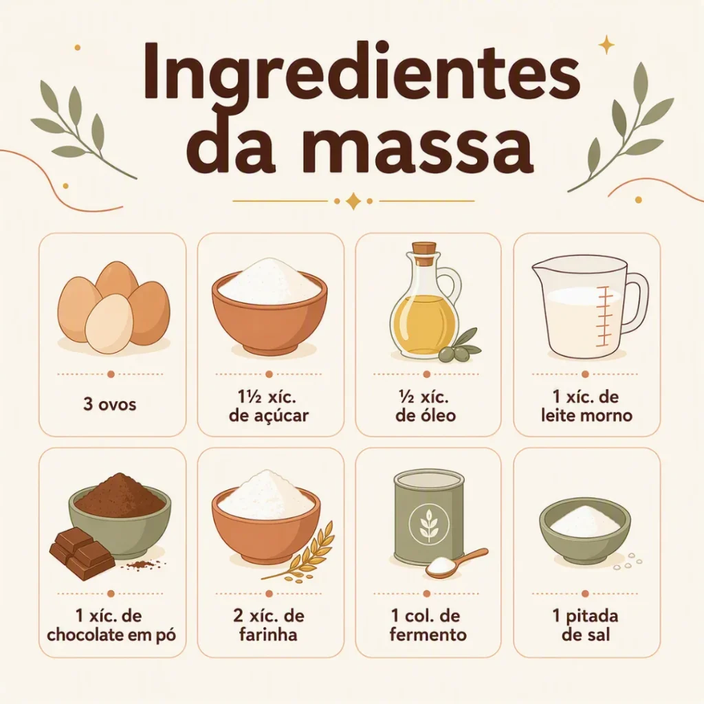 Ingredientes para preparar a massa do bolo de chocolate