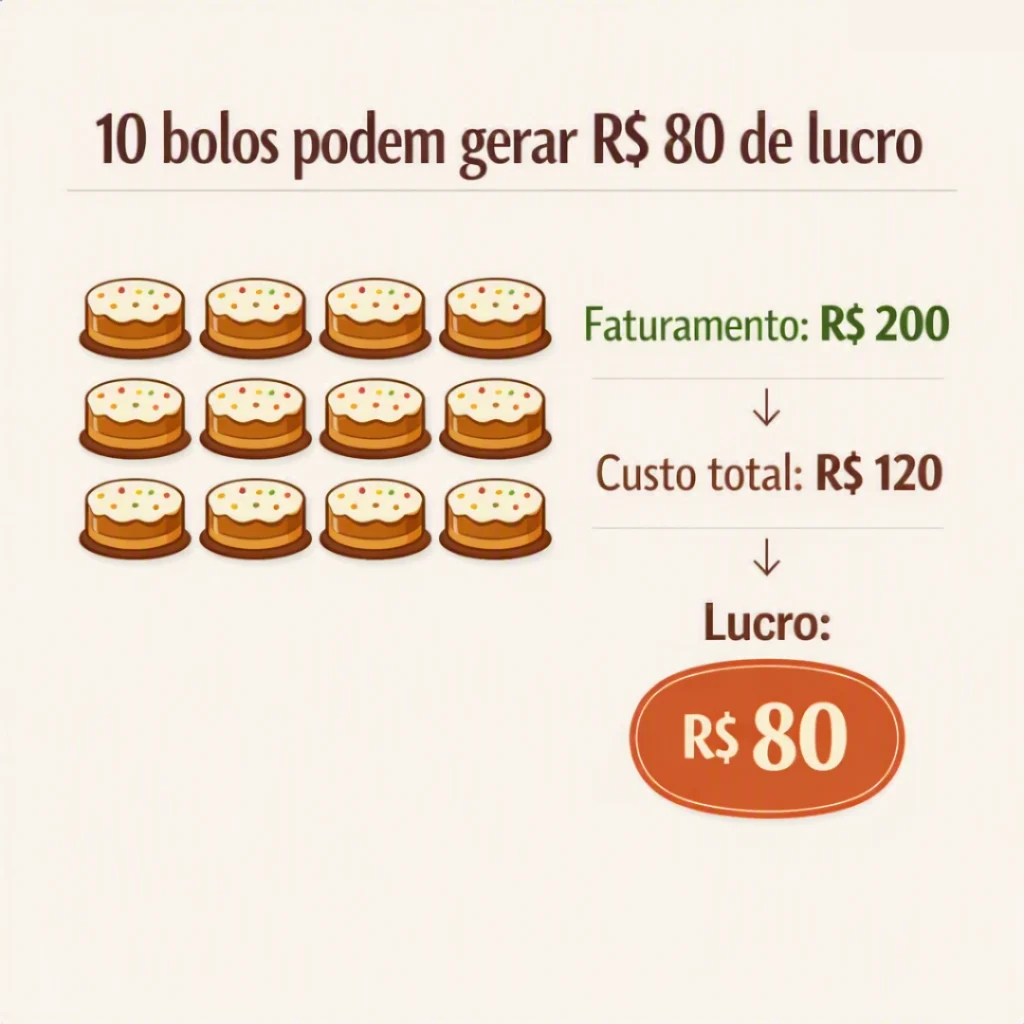 Exemplo de faturamento, custos e lucro na venda de 10 bolos