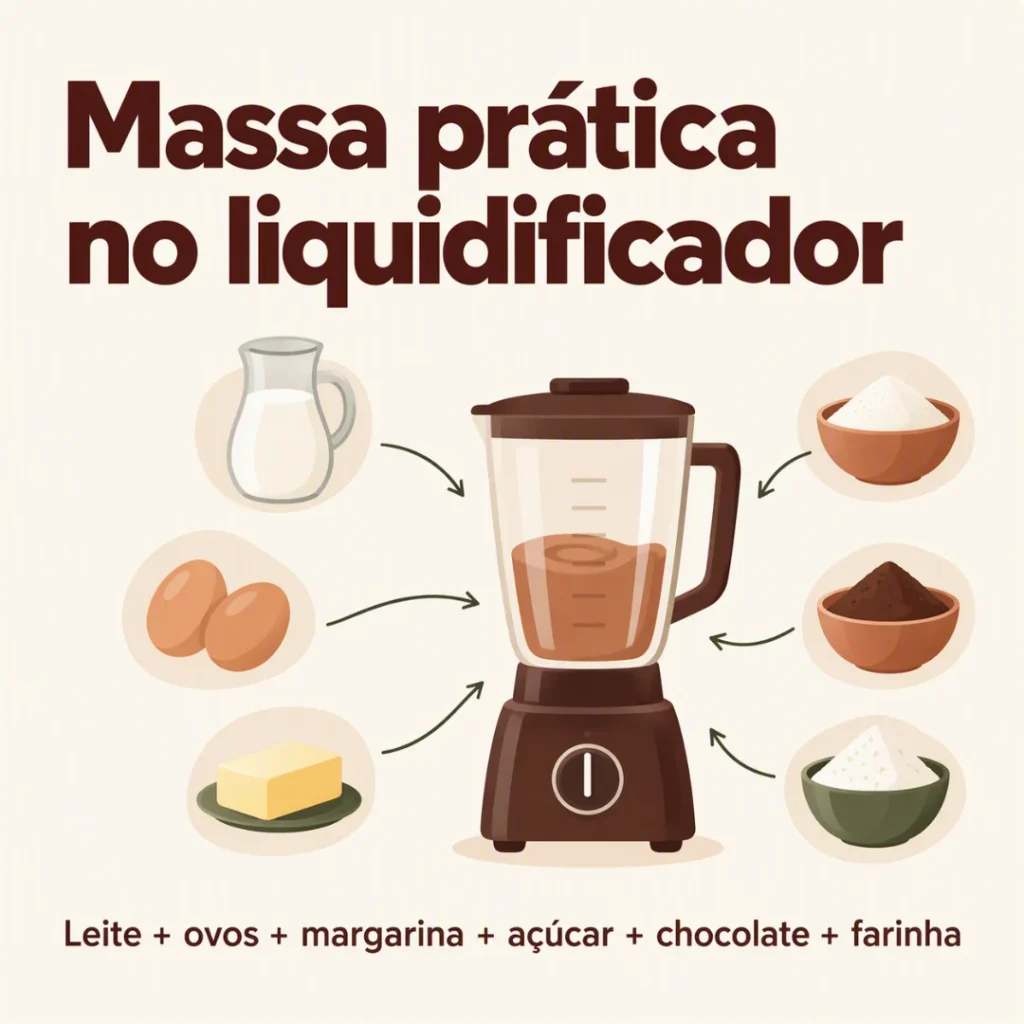 Ingredientes da massa de bolo de chocolate preparados no liquidificador