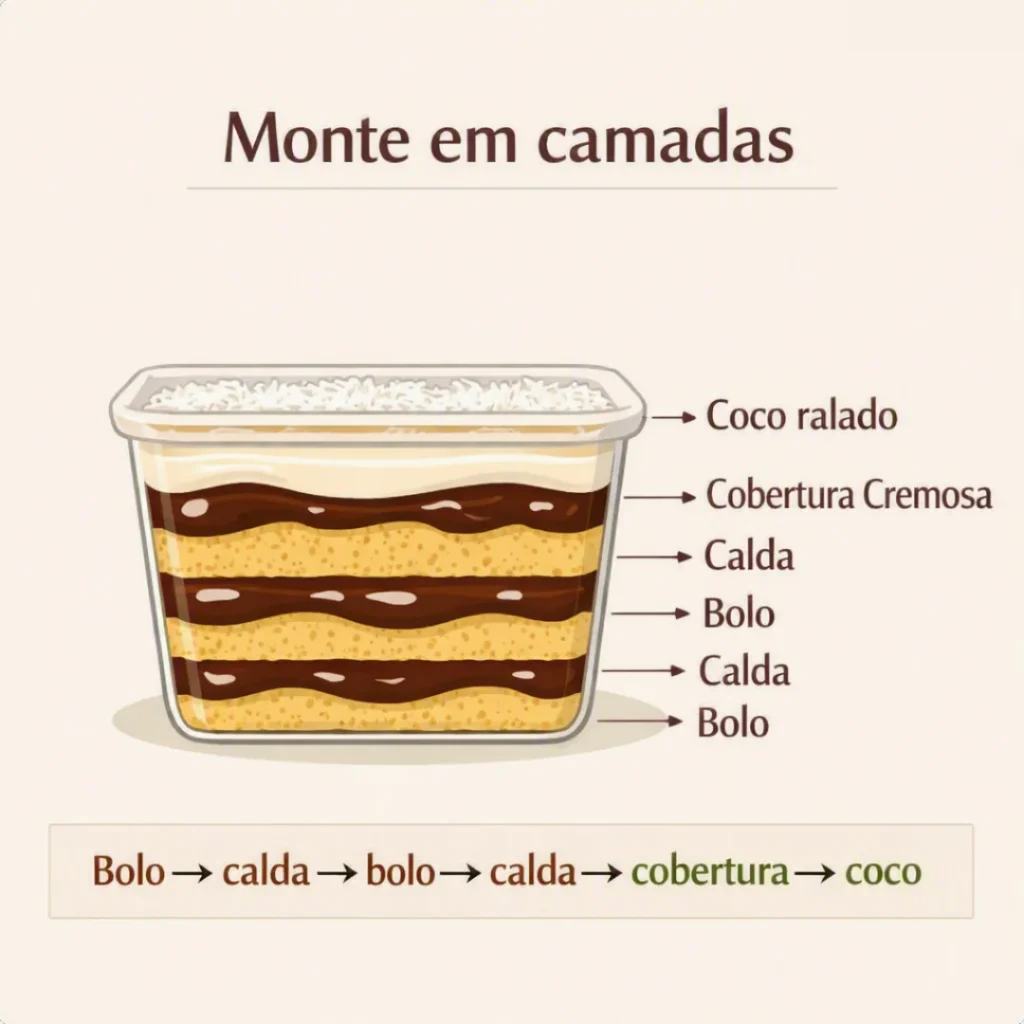 Montagem do bolo de coco em camadas com calda e cobertura cremosa