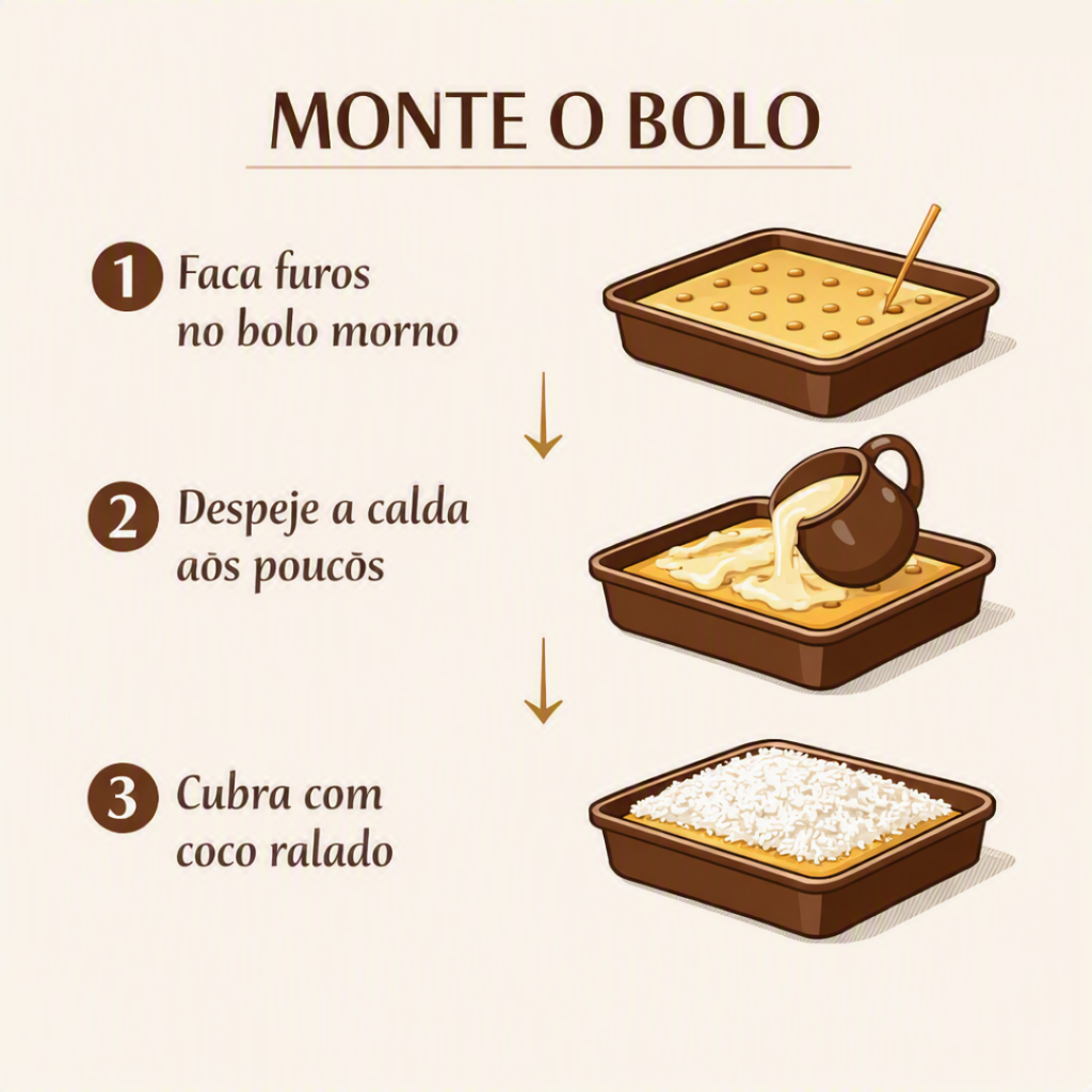 Montagem do bolo com calda cremosa e coco ralado