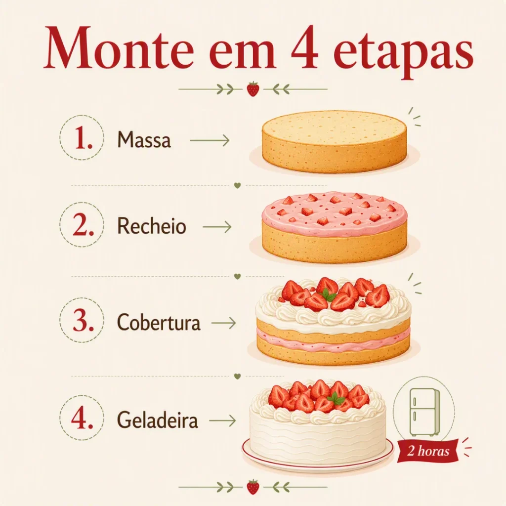 Etapas para montar o bolo de morango com recheio, chantilly e morangos