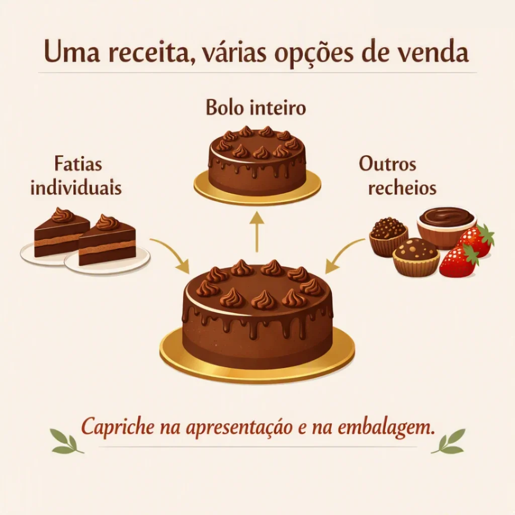 Diferentes opções para vender o bolo de chocolate em fatias ou inteiro