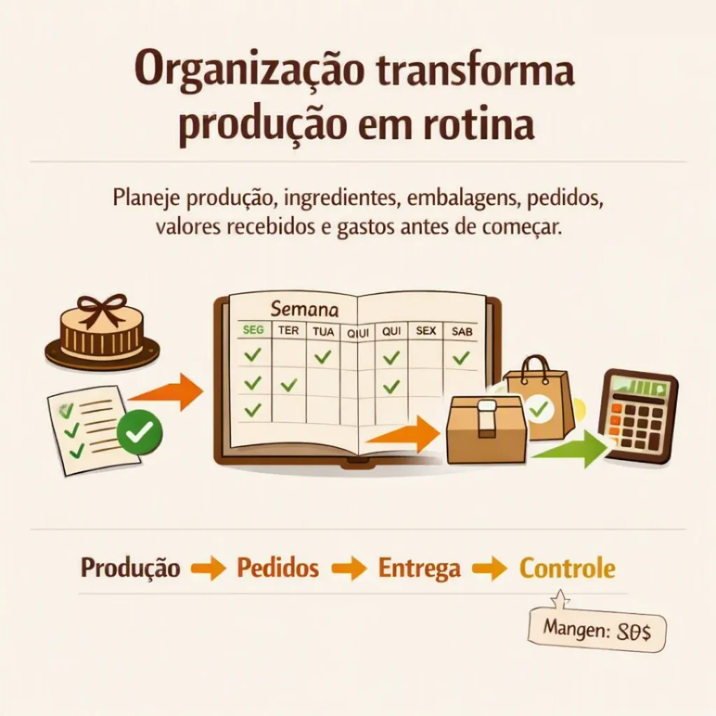 Organização da produção, ingredientes, embalagens, pedidos, valores recebidos e gastos