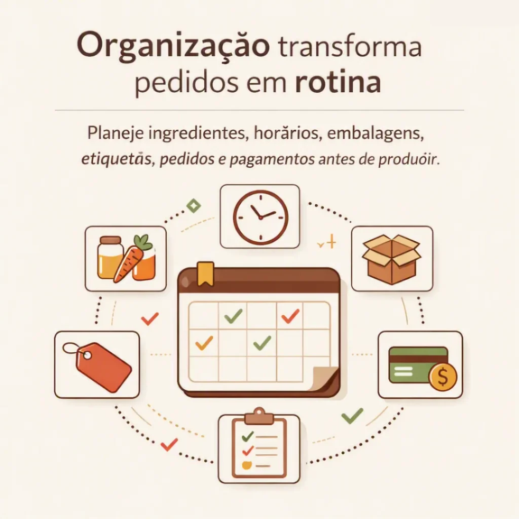 Organização dos pedidos, ingredientes, embalagens e pagamentos na produção de bolos caseiros