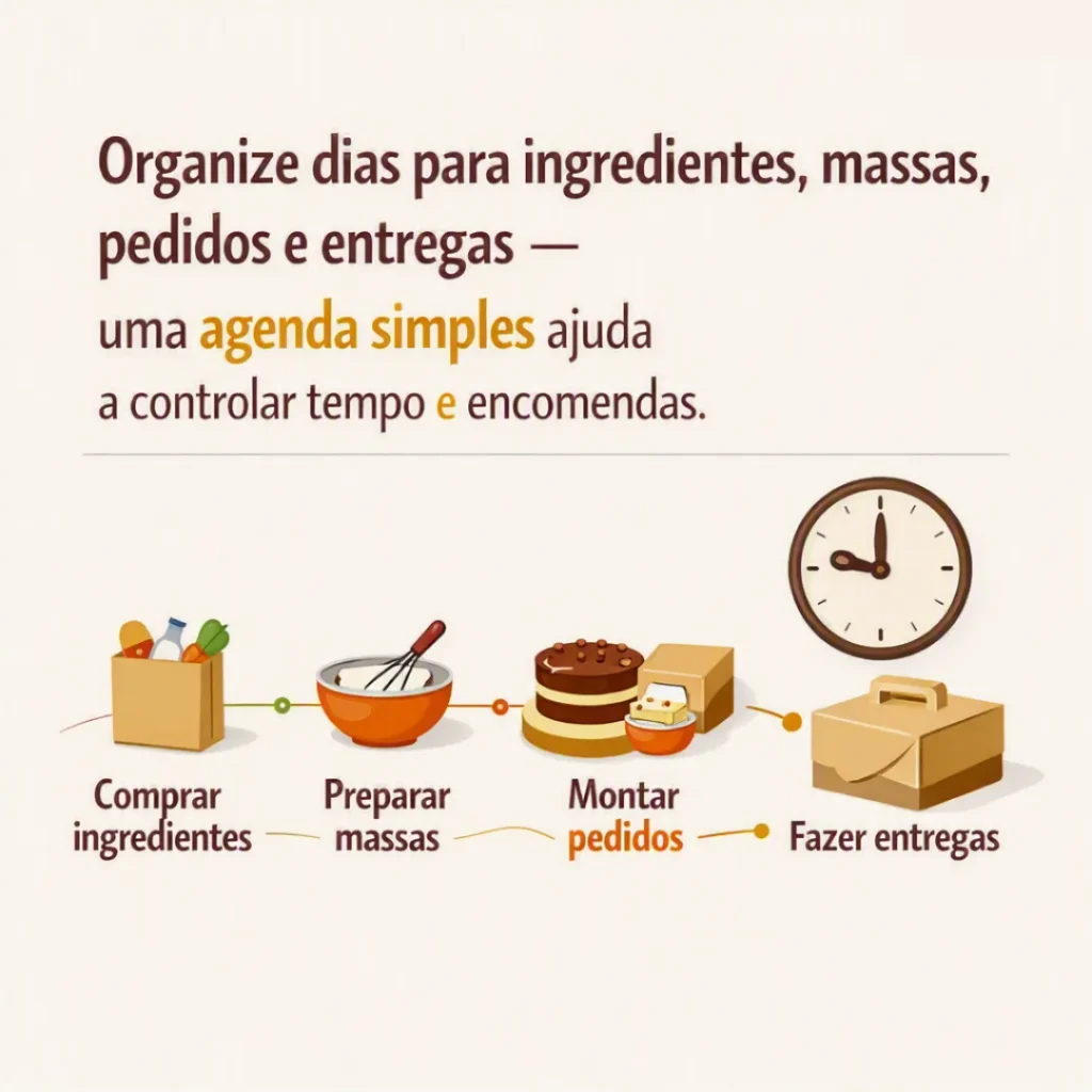 Ilustração de ingredientes, massa, pedidos e entrega mostrando uma rotina organizada para produção de bolos