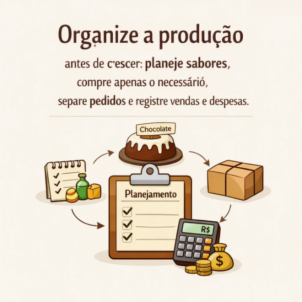 organizar sabores, ingredientes, pedidos, utensílios, vendas e despesas na produção de bolos
