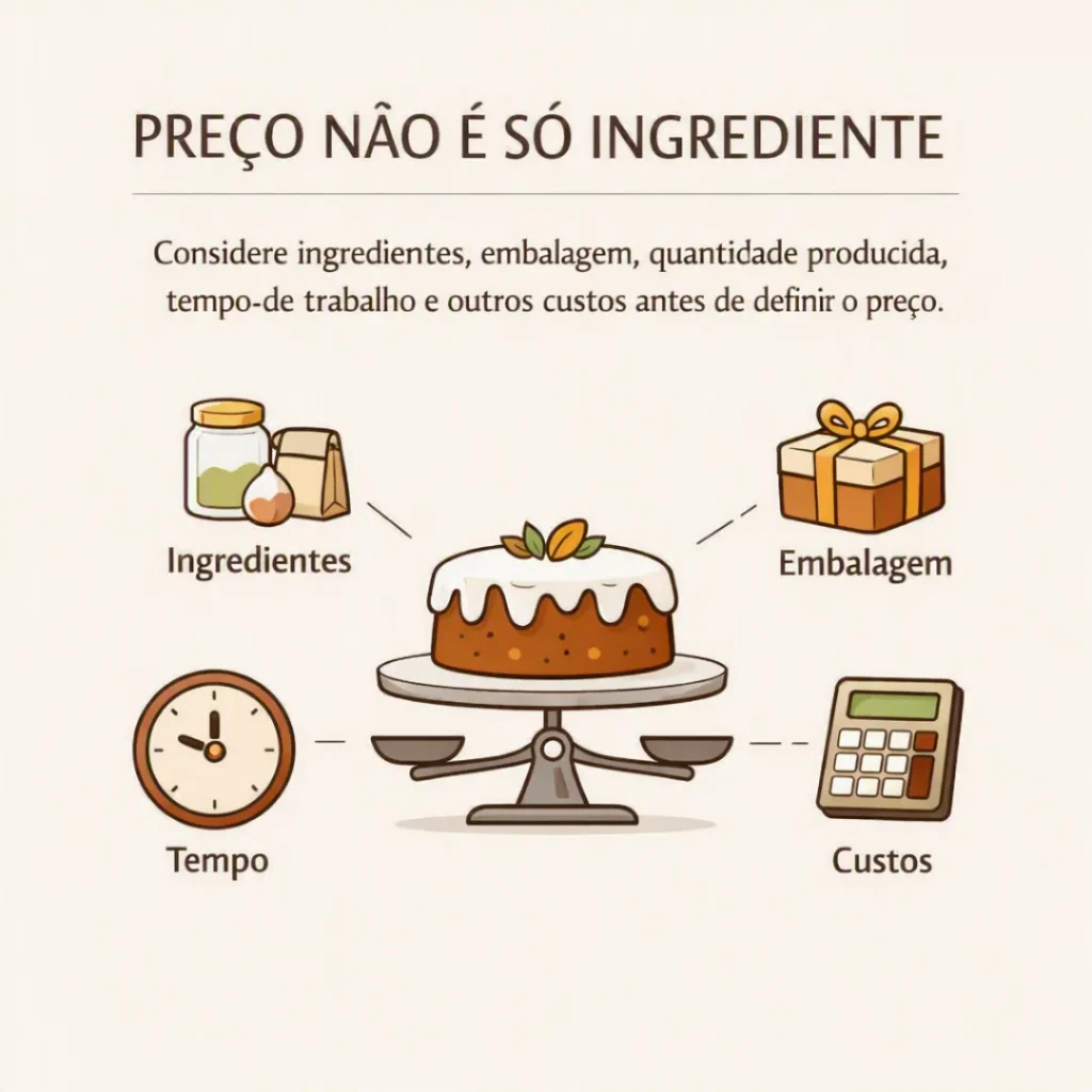 Bolo caseiro acompanhado de ingredientes, embalagem, tempo e custos que devem ser considerados no preço de venda