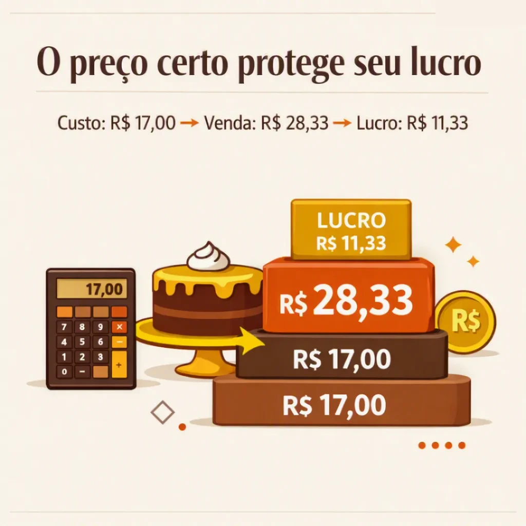 Exemplo de precificação de bolo com custo de R$ 17,00, preço de venda de R$ 28,33 e margem de lucro de 40%
