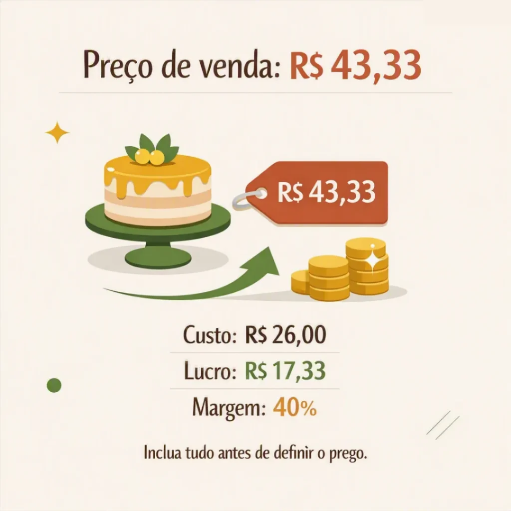 Exemplo de preço de venda de bolo com custo total e margem de lucro