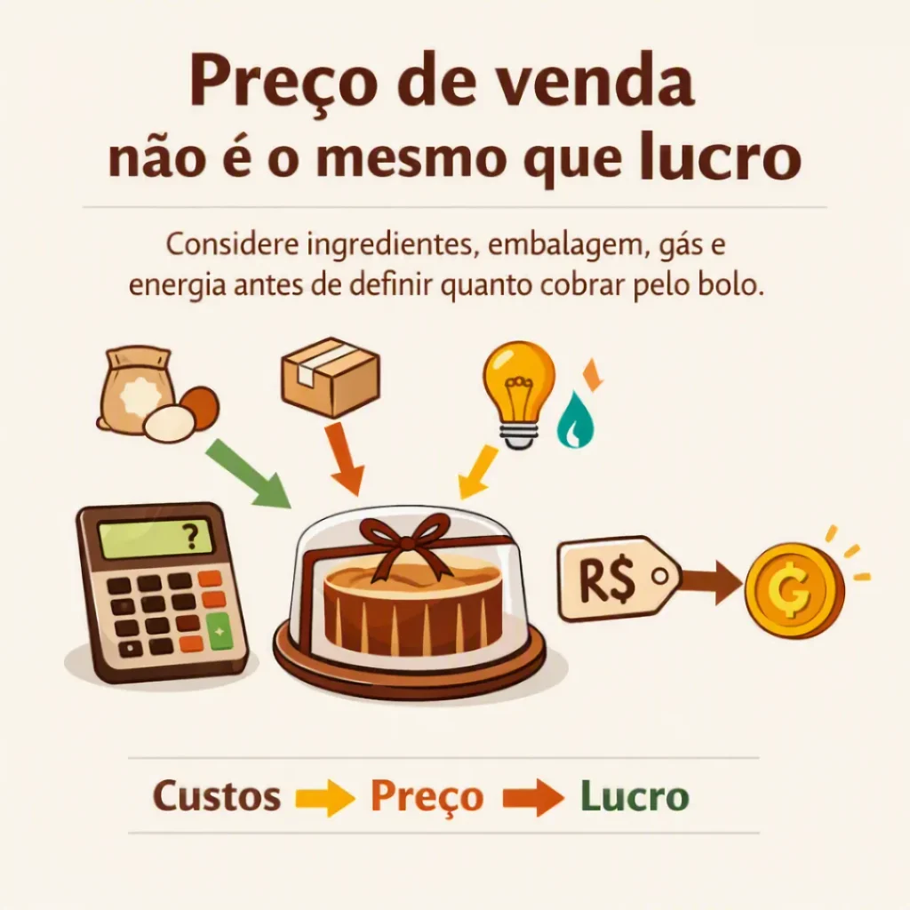 Diferença entre preço de venda, custos e lucro na produção de bolos