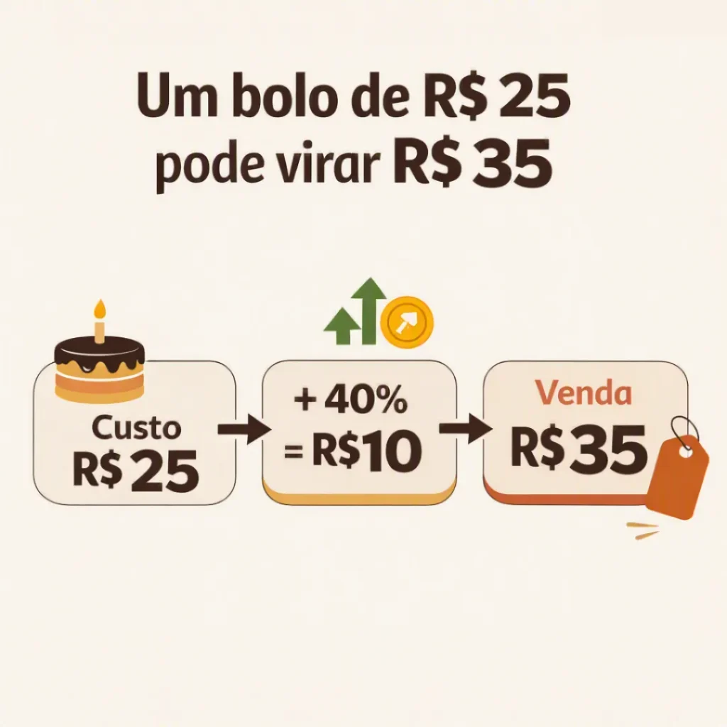 Exemplo de bolo com custo de R$ 25,00, lucro de R$ 10,00 e preço de venda de R$ 35,00