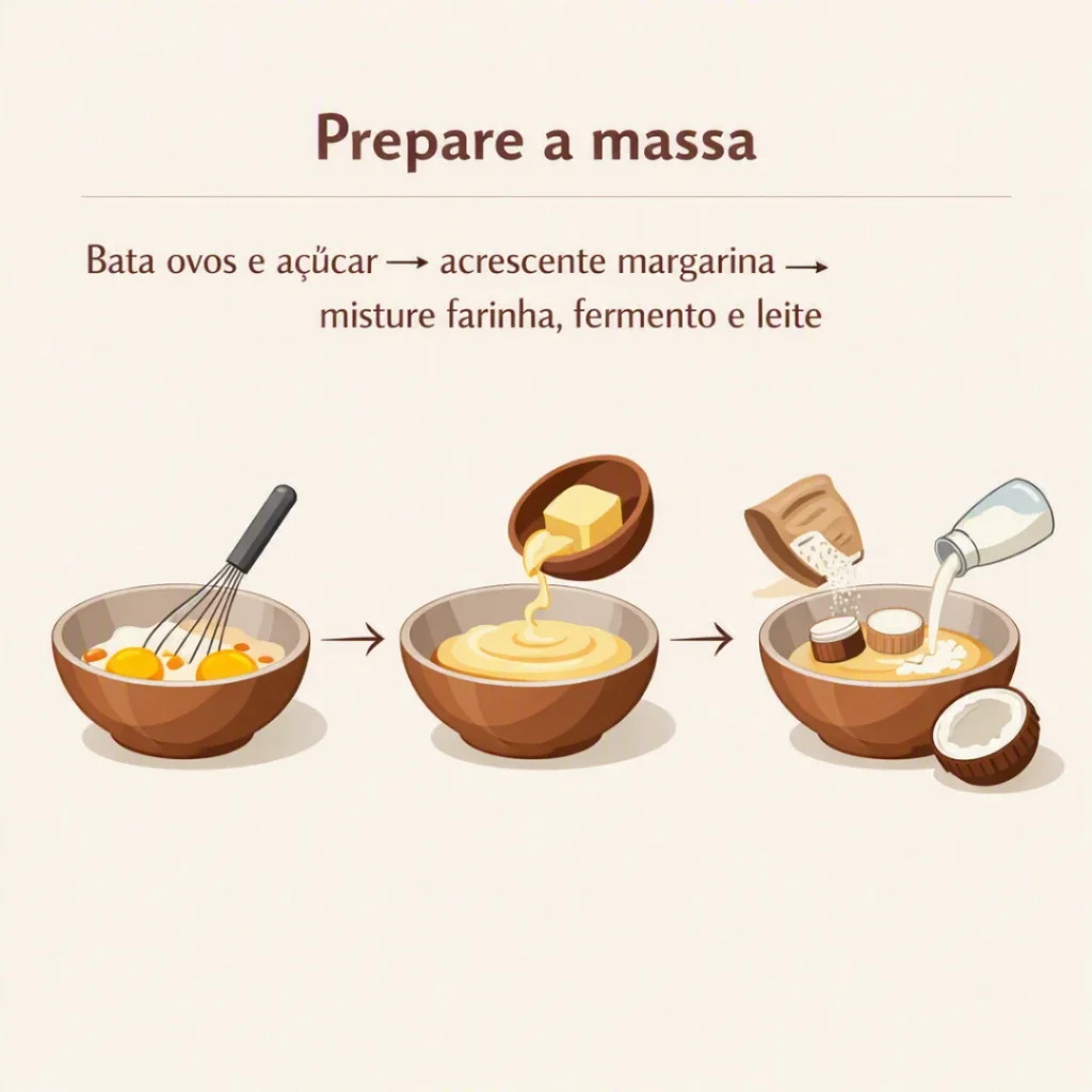 Preparo da massa do bolo com açúcar, ovos, margarina, farinha, fermento e leite
