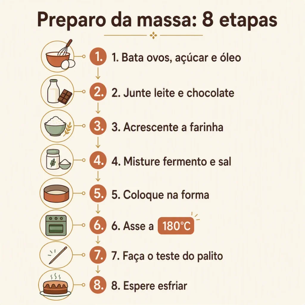 Etapas de preparo da massa do bolo de chocolate