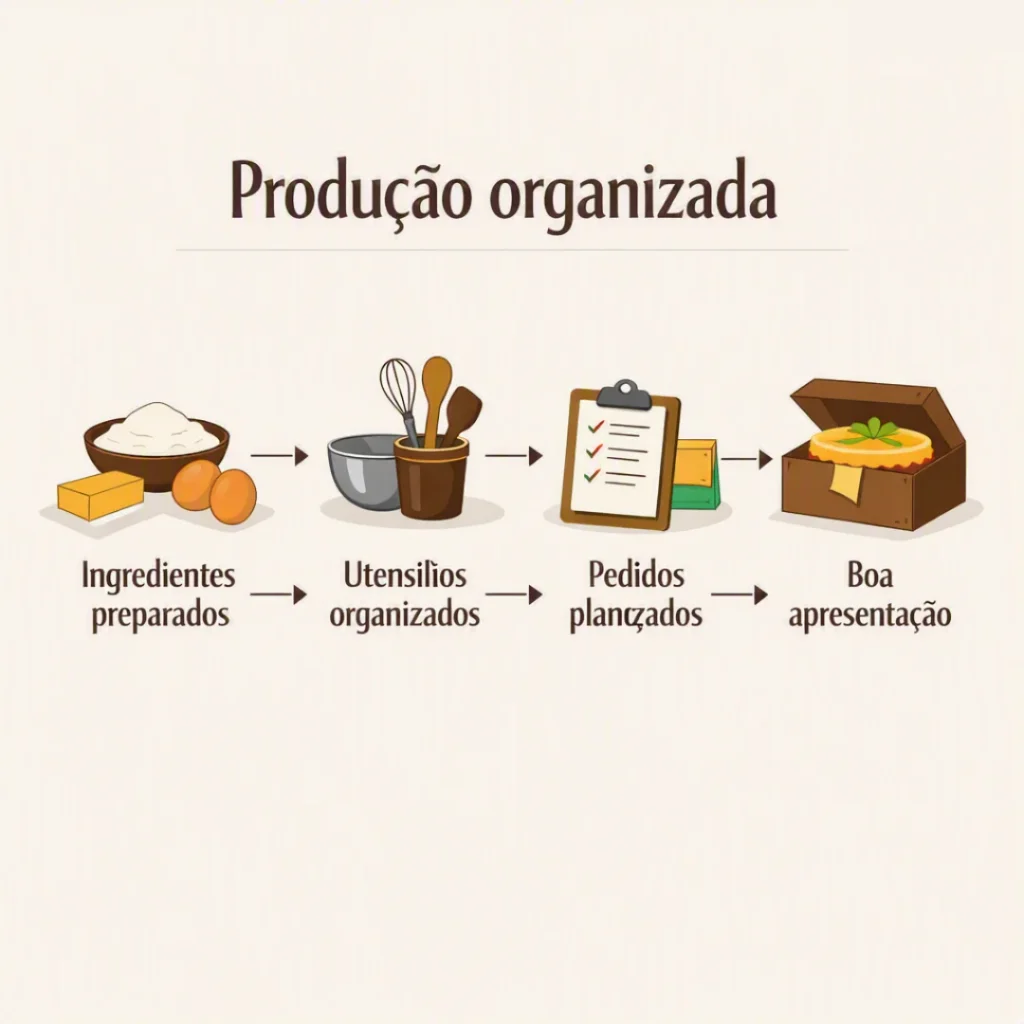 Organização da produção de bolos em casa com ingredientes, utensílios, pedidos e embalagem