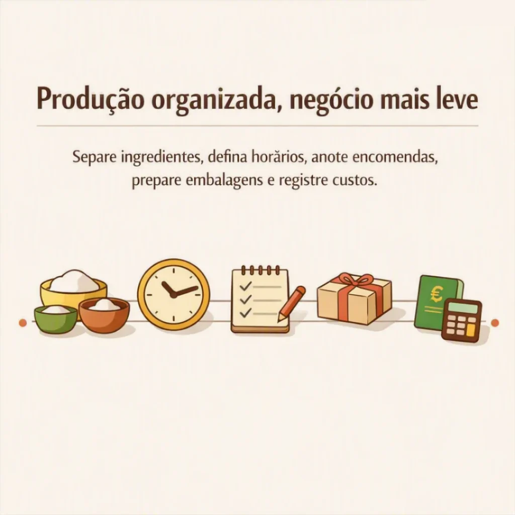 Elementos de uma produção organizada de bolos com ingredientes, preparo, embalagem e controle