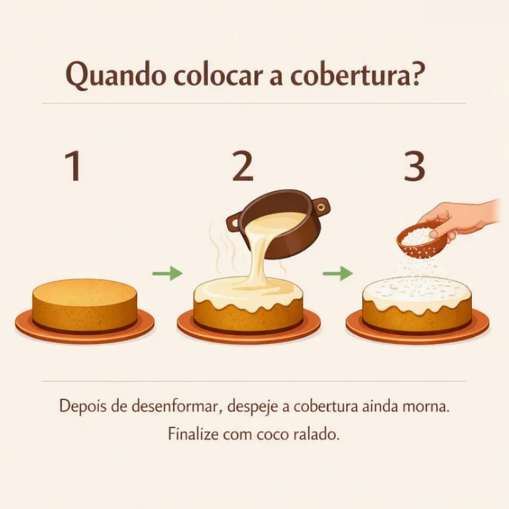 Etapas para colocar a cobertura ainda morna sobre o bolo de coco