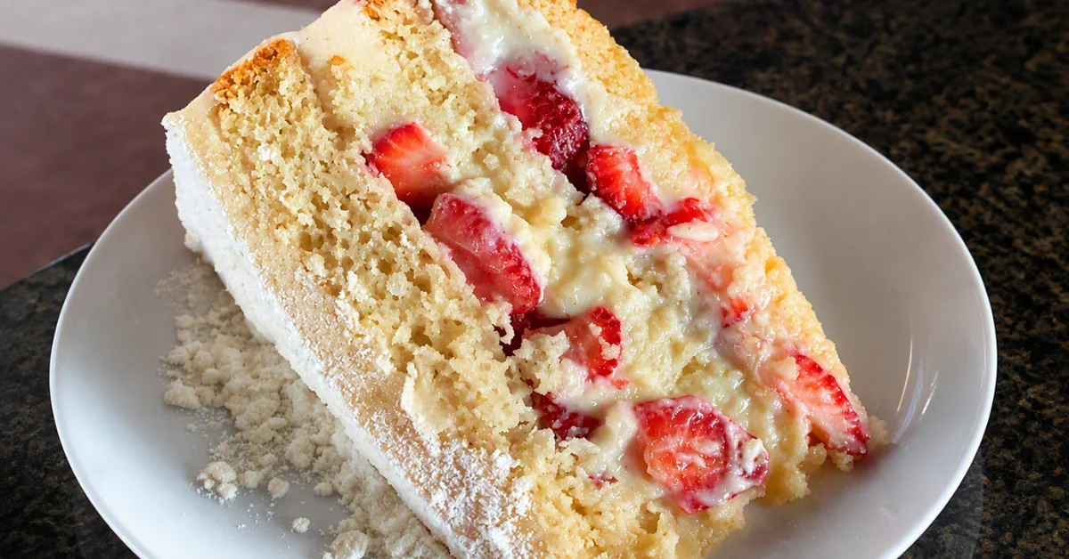 Bolo de morango simples com massa fofinha, recheio cremoso, chantilly e morangos