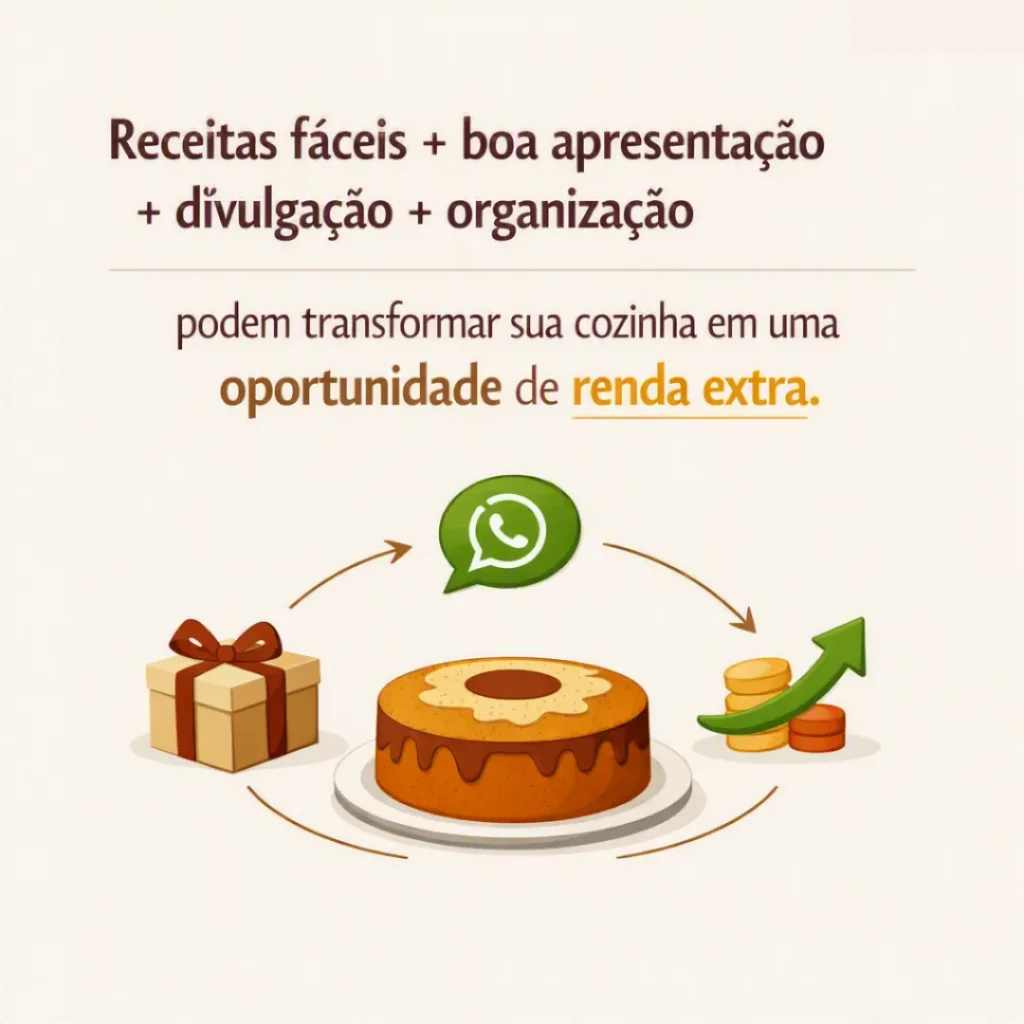 Ilustração de bolo simples, embalagem e WhatsApp representando receitas, apresentação e divulgação para gerar renda extra