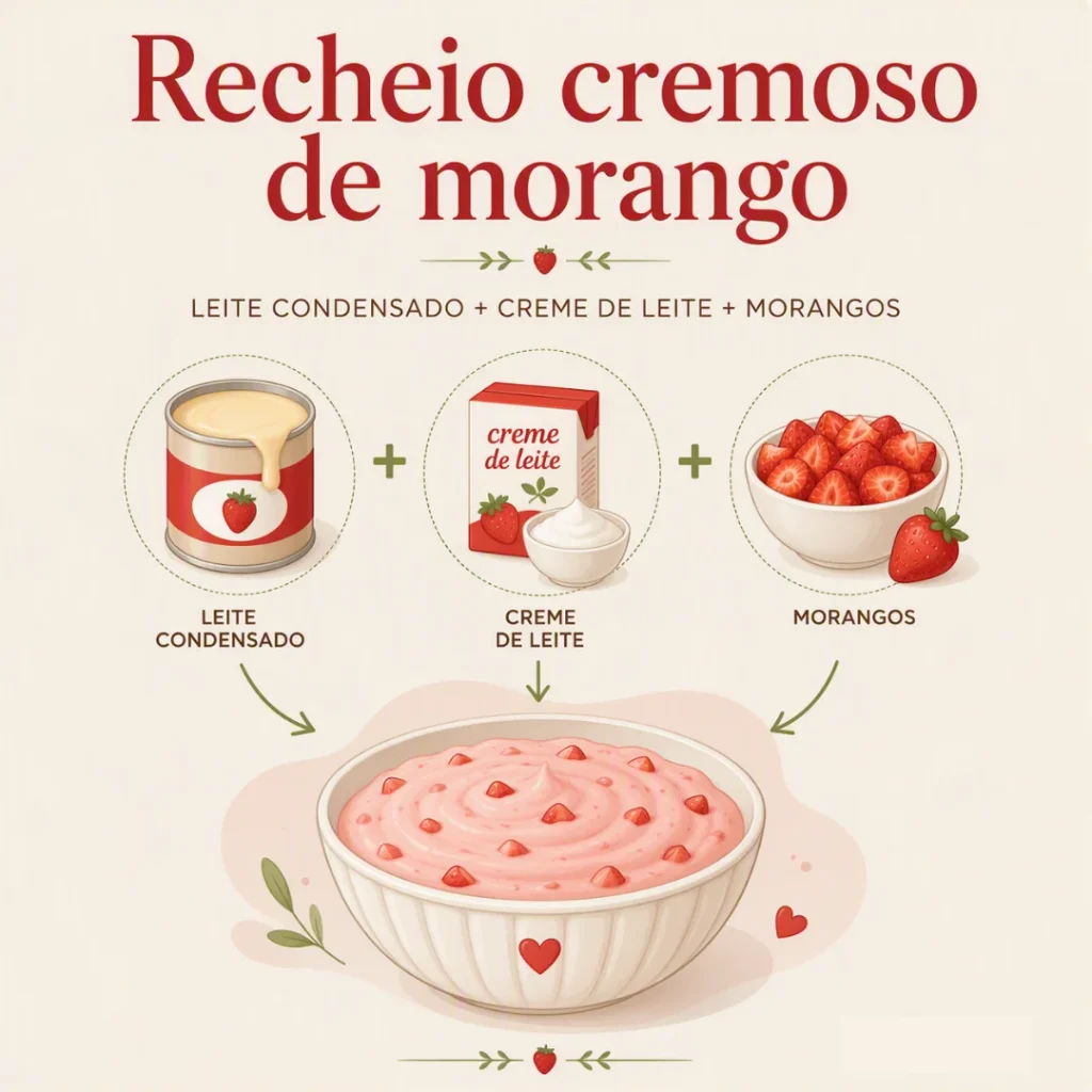 Preparo do recheio cremoso de morango com leite condensado e creme de leite