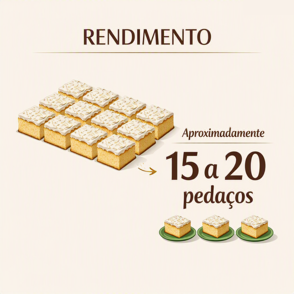 Rendimento aproximado de 15 a 20 pedaços de bolo de coco