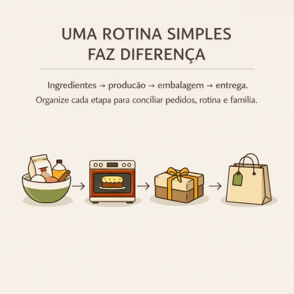 Bolo, utensílios, embalagens e ingredientes organizados para representar uma rotina simples de produção e pedidos