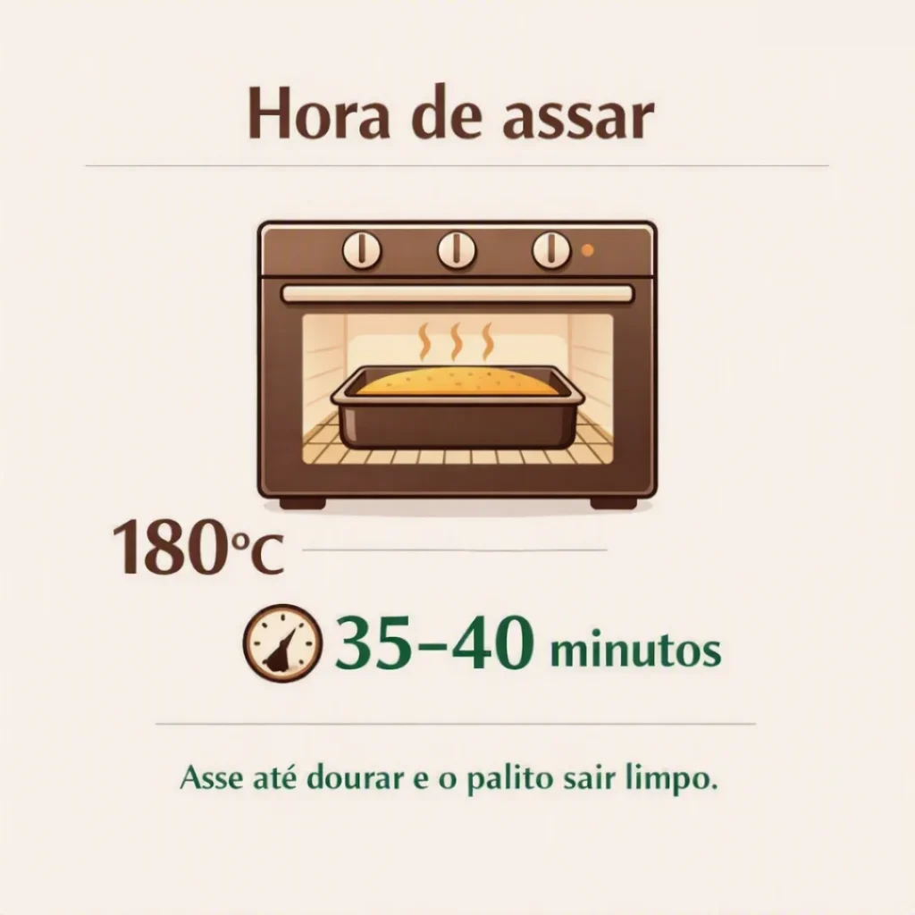 Bolo de coco assando no forno a 180°C por aproximadamente 35 a 40 minutos