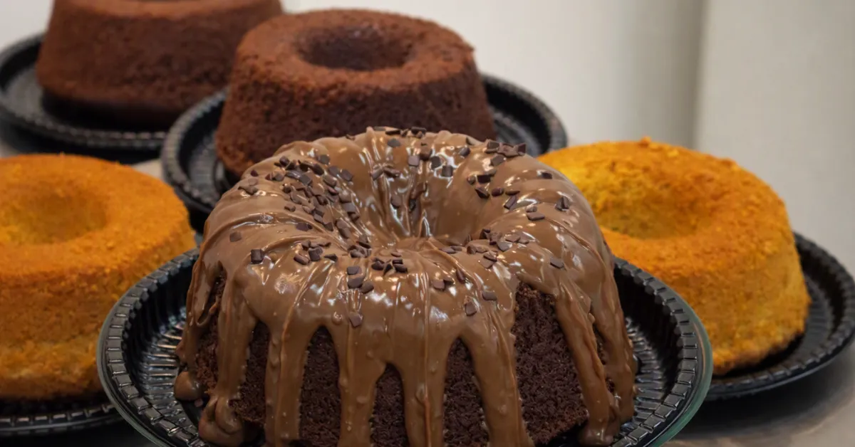 Bolos simples de diferentes sabores apresentados juntos, com bolo de chocolate em primeiro plano