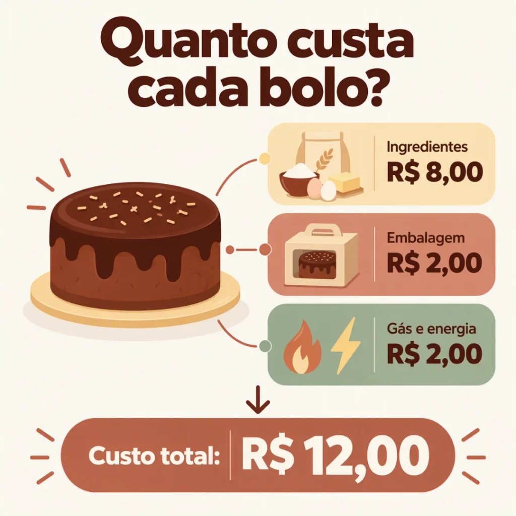 Cálculo dos custos de ingredientes, embalagem, gás e energia para produzir bolos caseiros