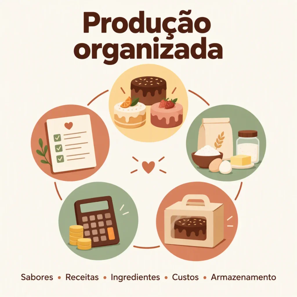 Produção organizada de bolos caseiros com receitas, ingredientes e controle de custos